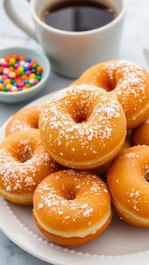 Delicious Ranpoe Donuts Recipe A plate of golden ranpoe donuts dusted with powdered sugar, with coffee and sprinkles in the background.